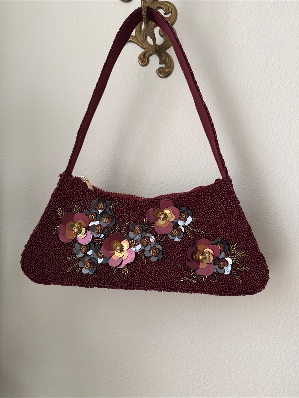 Embellished Beaded Shoulder Bag in Wine Red